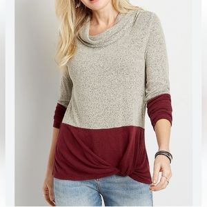 Maurices long sleeve maroon and heather gray cowl the neck sweater, LARGE